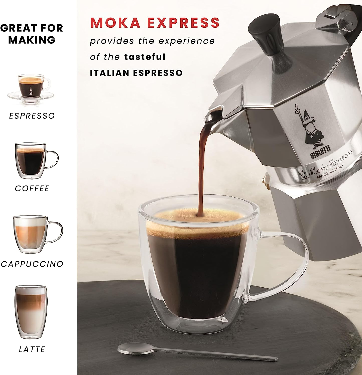 Bialetti - Moka Espress: Iconic Stovetop Espresso Maker, Makes Real Italian Coffee, Moka Pot 6 Cups (6 Oz), Aluminium, Silver