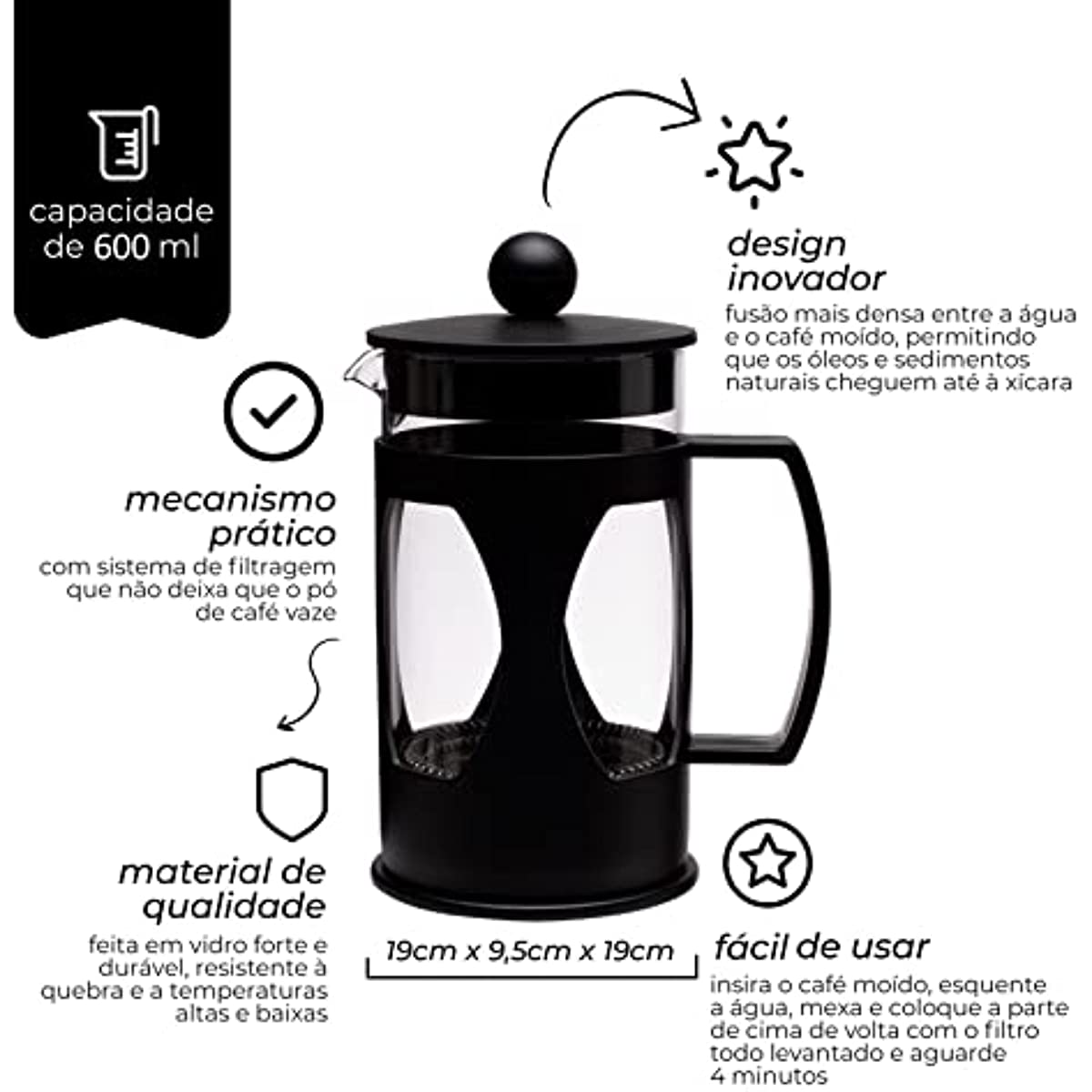 Mimo Style Cafeteira Prensa Francesa, Capacidade Para 600 ml, Com Haste e Alça, Resistente, Suporta Altas e Baixas Temperaturas (-20 °C a 180 °C), Excelente Sistema de Filtragem