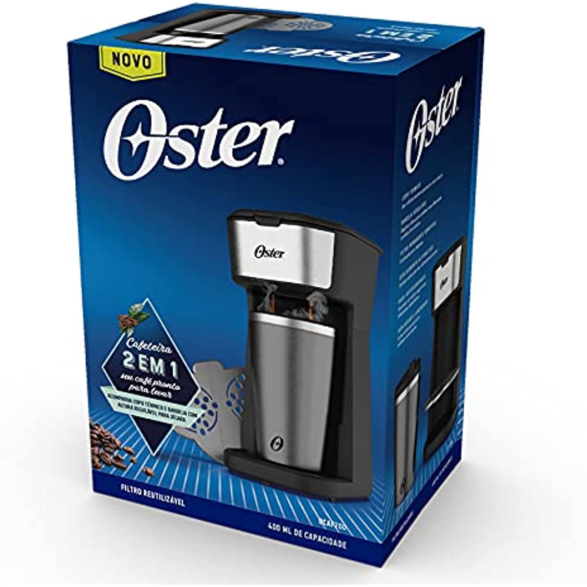 Cafeteira Oster 2Day Inox 2 em 1 com Copo Térmico, 110V, Preto/Inox, 600W, OCAF200