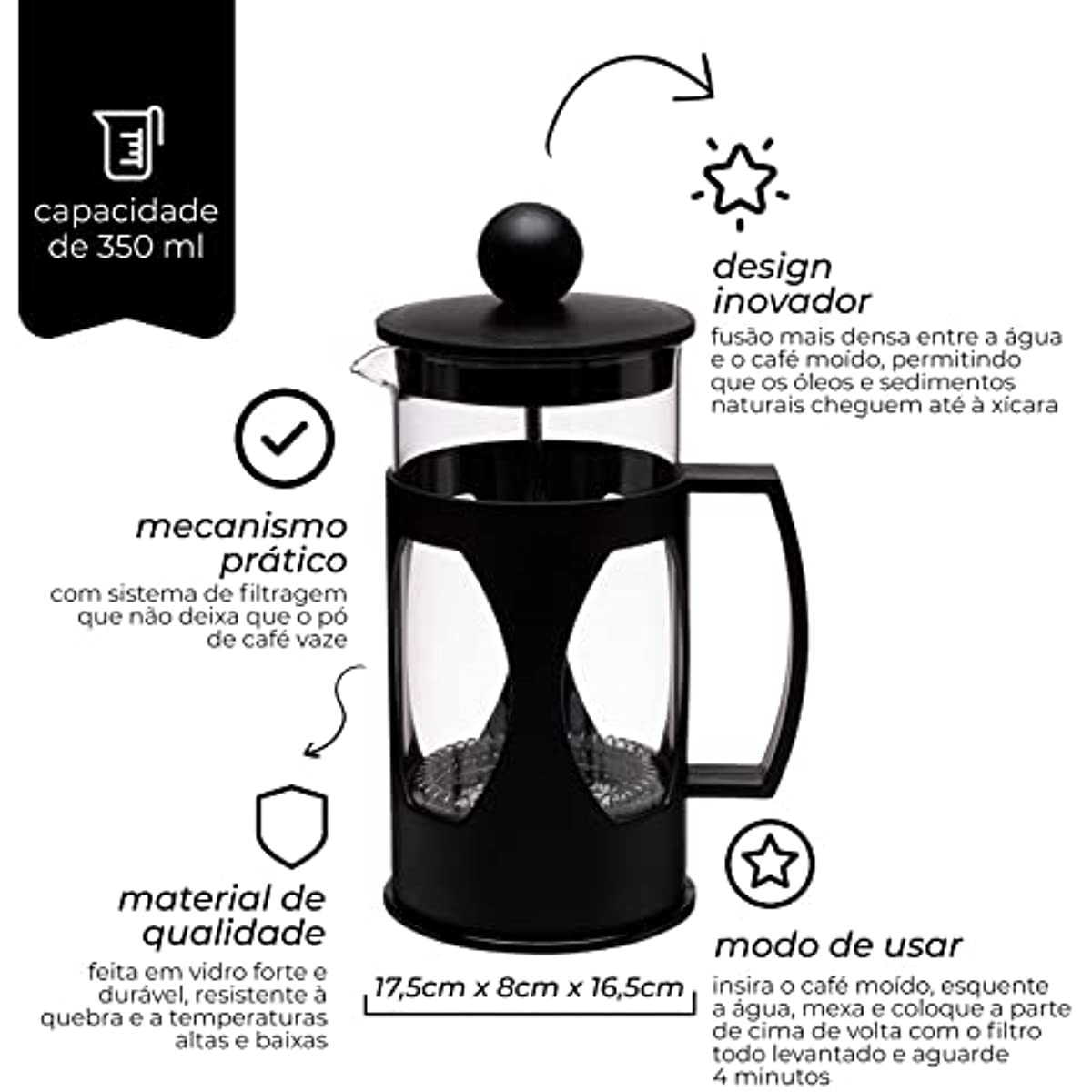 Mimo Style Cafeteira Prensa Francesa, Capacidade Para 350 ml, Com Haste e Alça, Resistente, Suporta Altas e Baixas Temperaturas (-20 °C a 180 °C), Excelente Sistema de Filtragem